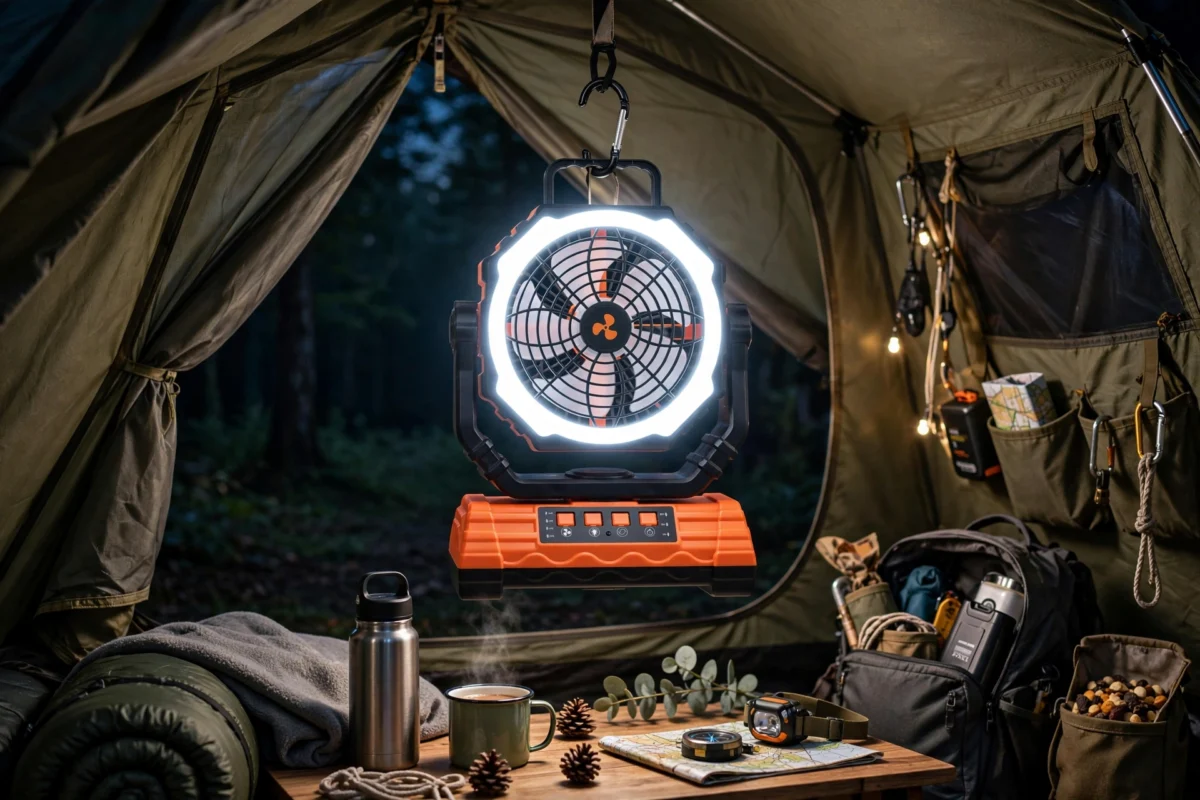 practical Cold Air Battery Powered Fan with 4LED Lantern, 20000mAh Dual Motor Camping Fan, 4-Speed Adjustable Desktop Fan with Hook, Remote Control Portable Outdoor Fan Suitable for Tents, Power Outages and Construction Sites 3 Cold Air Battery Powered Fan hanging inside a camping tent with its LED ring light illuminated at night.