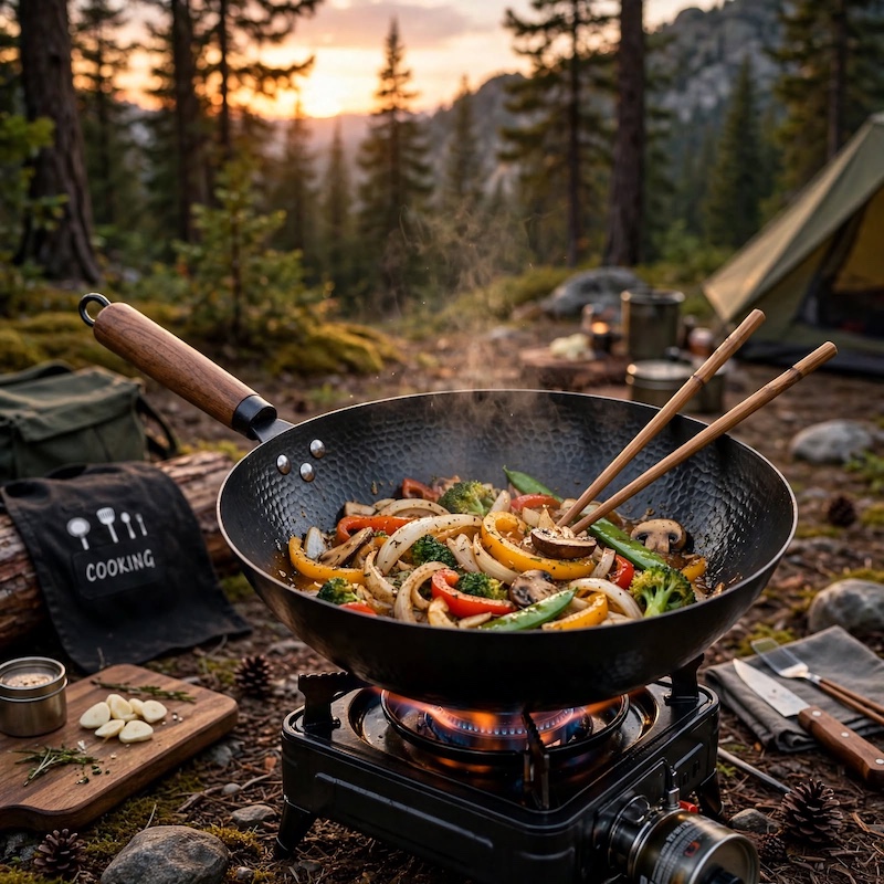practical Cast Iron Frying Pan Wok Set - Nonstick, 12.6 Inch Pan With 13 Cookware Accessories, Suitable For All Stoves, Kitchen Utensils, Kitchen Tools, Kitchen Accessory, Kitchen Supplies Camping 2 A Cast Iron Frying Pan Wok Set being used on a portable camp stove outdoors in a forest at sunset, cooking vegetables.