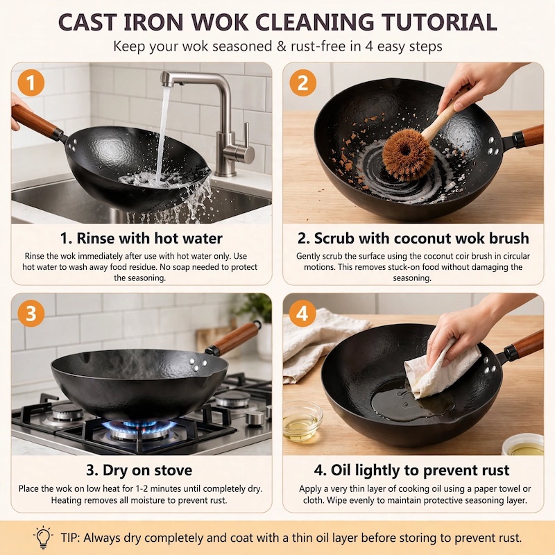 practical Cast Iron Frying Pan Wok Set - Nonstick, 12.6 Inch Pan With 13 Cookware Accessories, Suitable For All Stoves, Kitchen Utensils, Kitchen Tools, Kitchen Accessory, Kitchen Supplies Camping 14 A four-step instructional graphic demonstrating how to rinse, scrub with a coconut brush, dry on the stove, and oil the Cast Iron Frying Pan Wok Set.
