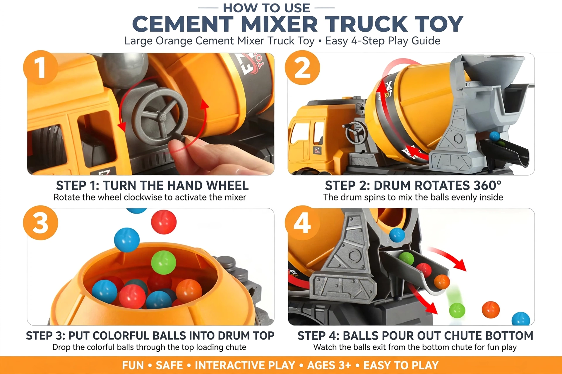 Back to School New Semester Excavator Toy Car Large Engineering Vehicle Set Dumper Truck Cement Mixer Excavator Crane 12 Step-by-step play guide showing how to operate a