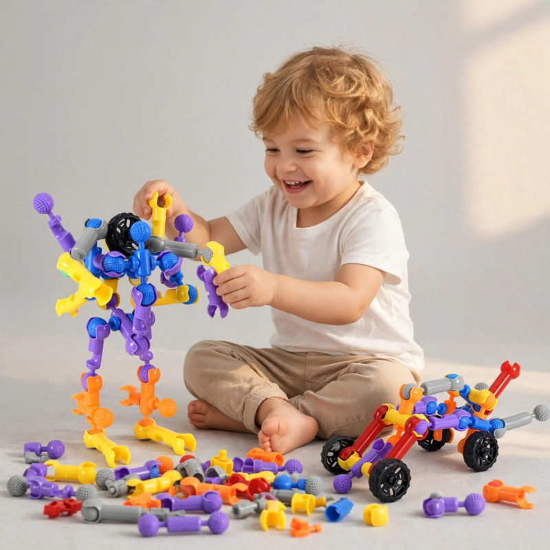 Building Toys 83 Piece STEM Toys for Kids Boys and Girls Christmas Birthday Gifts Children Building Blocks Creative and Educational Kids Toys Projects 2 Happy toddler boy sitting on the floor playing with a robot model from a Building Toys 83 Piece kit.