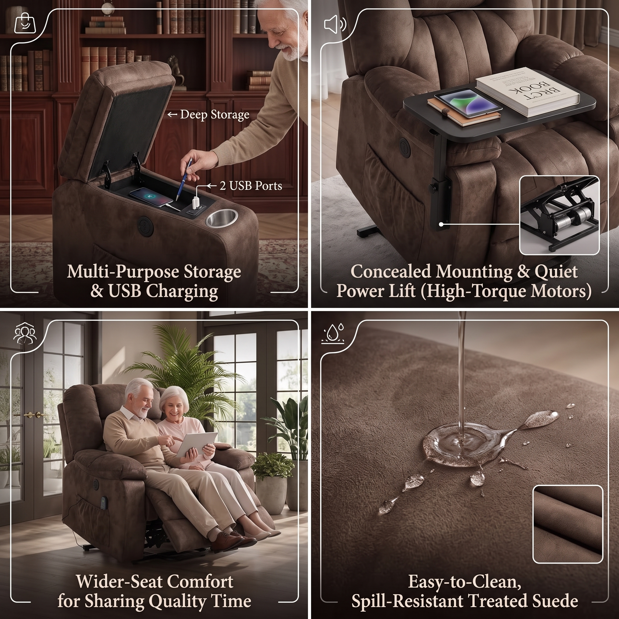 Elderly Power Lift Recliner Chair with Massage & Heat - Oversized Wide Overstuffed Seat, Heavy Duty Safety Reclining Mechanism, USB Ports & 2 Hidden Cup Holders 5 A four panel product info graphic detailing the functional features of the chocolate color Power Lift Recliner Chair with Massage. The top left pane illustrates the multi purpose storage compartment inside the armrest next to two USB ports. The top right panel features a removable tray table utilizing a concealed mounting bracket alongside an inset view of the high torque dual motors.