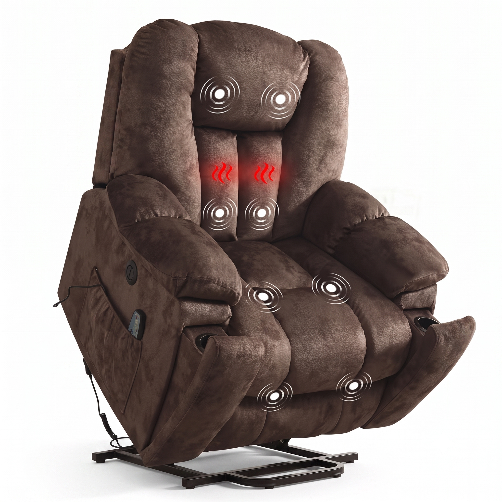 Elderly Power Lift Recliner Chair with Massage & Heat - Oversized Wide Overstuffed Seat, Heavy Duty Safety Reclining Mechanism, USB Ports & 2 Hidden Cup Holders 6 An e commerce product photograph of the chocolate color Power Lift Recliner Chair with Massage isolated against a pure white background. The micro suede chair is shown in its partially reclined position with graphic overlays indicating features.