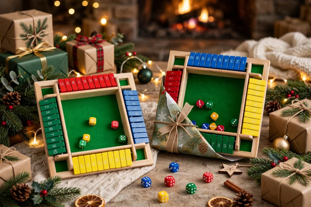 A Wooden Shut the Box Dice Game sits next to wrapped presents, pinecones, and twinkling Christmas lights with a cozy fireplace in the background.