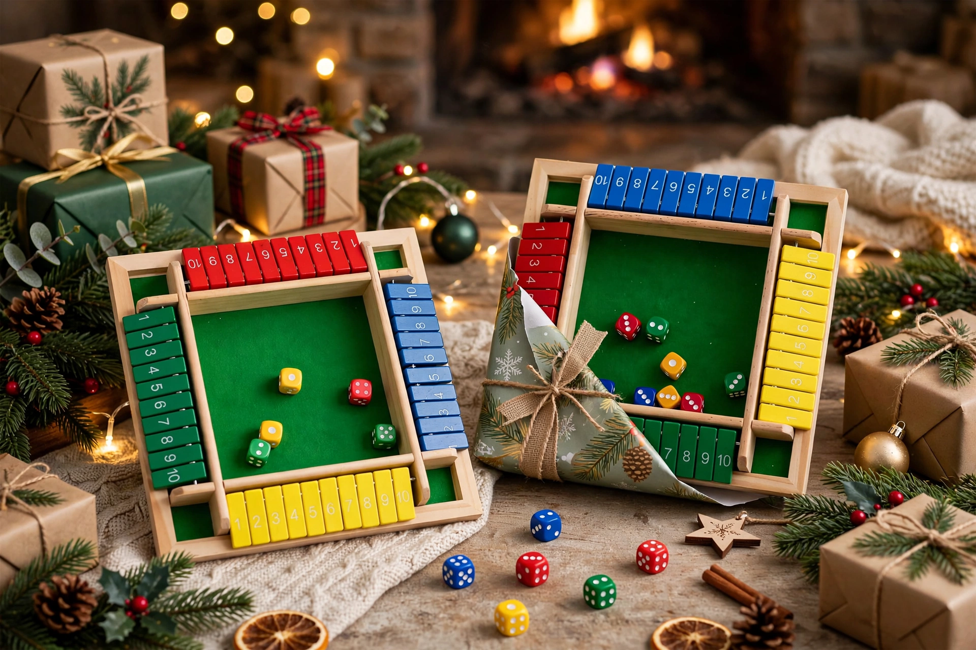 Wooden Shut the Box Dice Game, Classic Family Board Game for Math & Decision-Making Skills, for 2-6 Players, Perfect for Parties Birthdays Halloween and Christmas Gifts, Ideal for Family Game Nights and Stocking Stuffers 10 A Wooden Shut the Box Dice Game sits next to wrapped presents, pinecones, and twinkling Christmas lights with a cozy fireplace in the background.