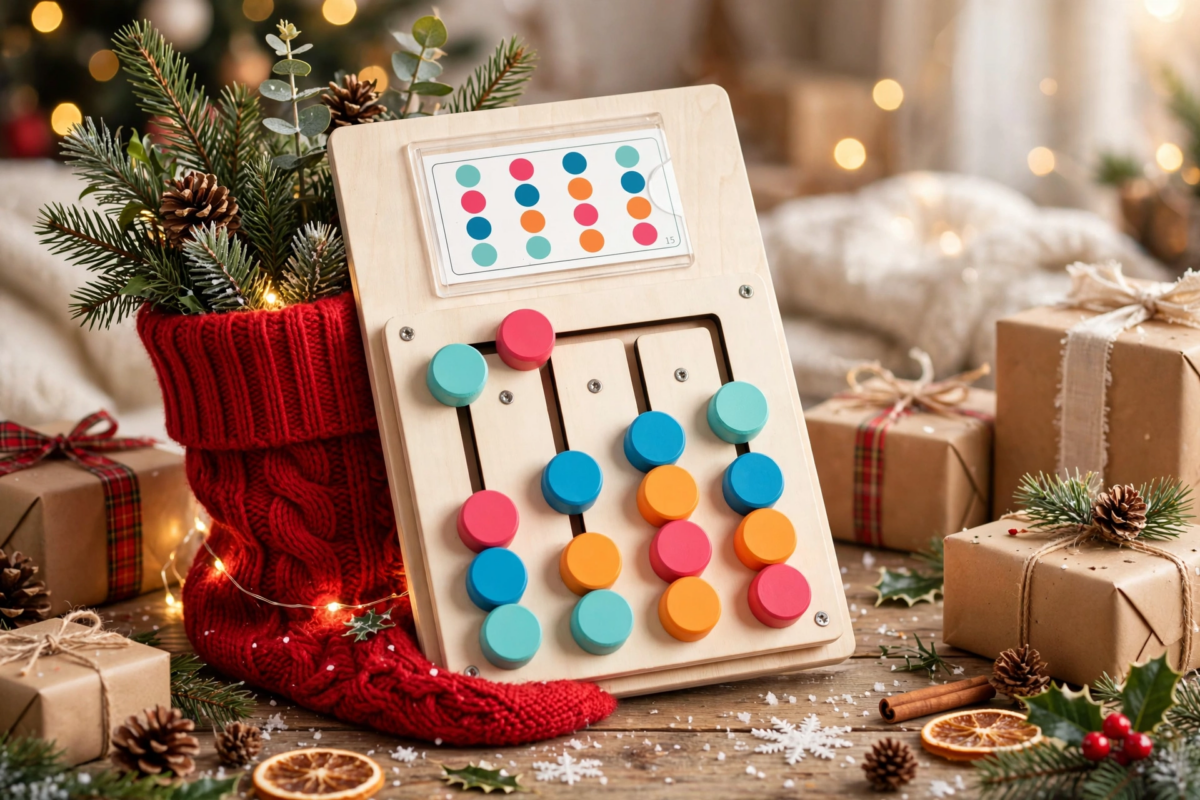 BEYTOON Wooden Color Puzzle Boost Logic, Focus & Hand-Eye Coordination | Educational Toy for YoungstersChristmas stocking stuffers,Christmas stocking stuffers 1 The toy placed inside a red knitted Christmas stocking surrounded by gifts, showing it as a perfect holiday present where the Wooden Color Puzzle Boost Logic.