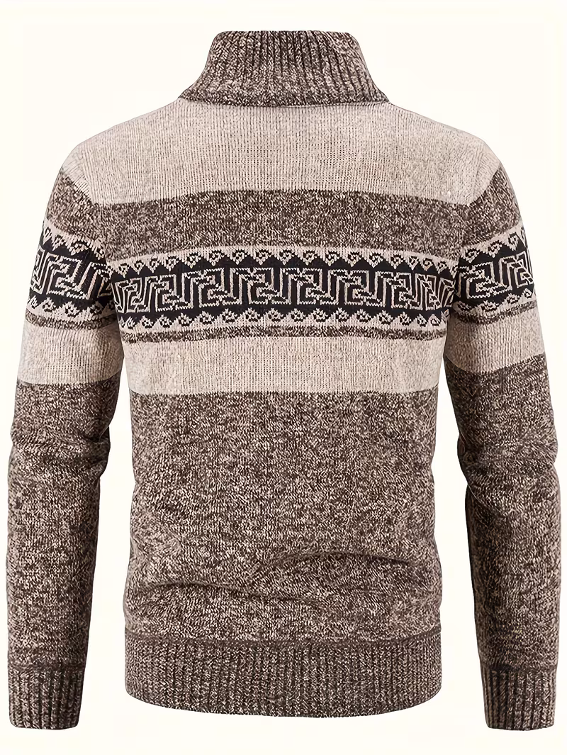 Men's Thermal Fleece-Lined Sport Knit Sweater with Pockets - Ethnic Wave Pattern, Stand Collar, Long Sleeve for Hiking, Cycling & Casual Winter Wear - Father’s Day Gift, Winter Knit Fabric 4 A back view of a coffee brown Men's Sport Knit Sweater with Pockets displayed on a mannequin, showcasing the continuous horizontal ethnic design panel running across the shoulders and long sleeves