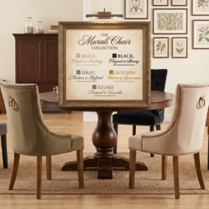 A collection of colorful velvet dining chairs surrounding a round wooden table with a central framed sign showcasing the Murali Chair Collection options.