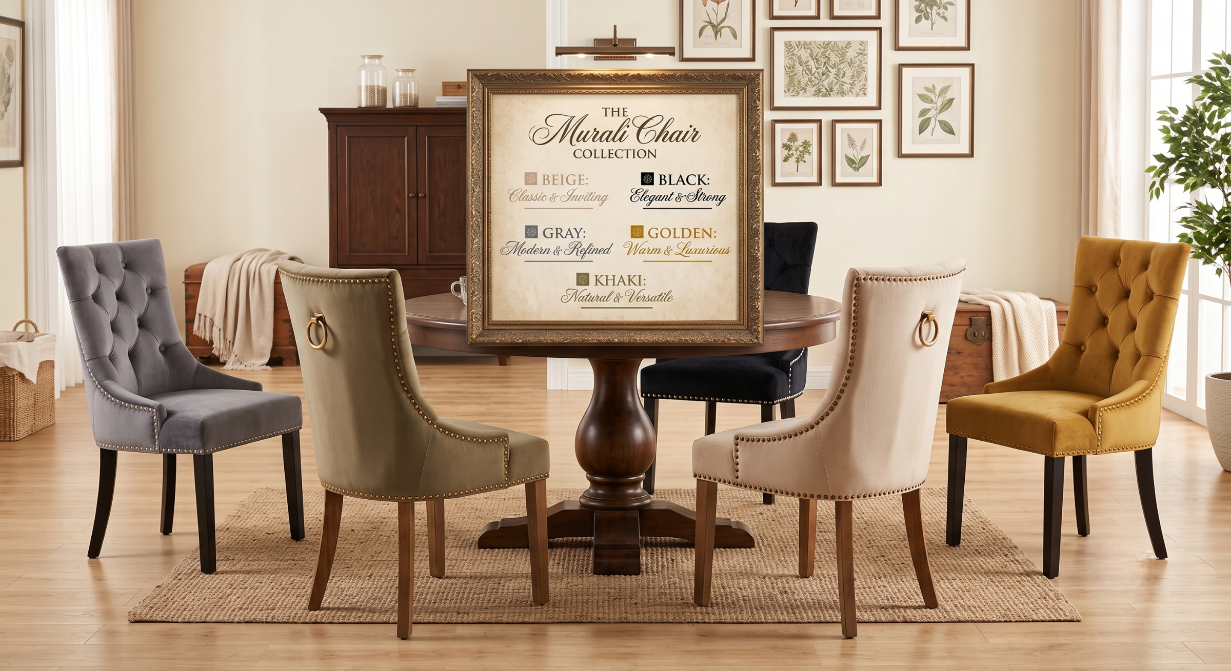 Set of 4 Upholstered Dining Chairs, Velvet Chairs with Button Tufting And Sturdy Wooden Legs, Contemporary Fabric Side Chairs for Dining Areas, Kitchens, Restaurants, And Hotels 14 A collection of colorful velvet dining chairs surrounding a round wooden table with a central framed sign showcasing the Murali Chair Collection options.