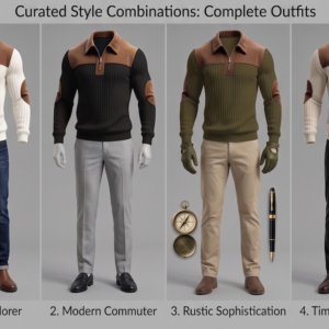 Product showcase grid displaying four complete outfits featuring a white, black, olive, and beige casual stand collar pullover paired with different trousers, shoes, and accessories.