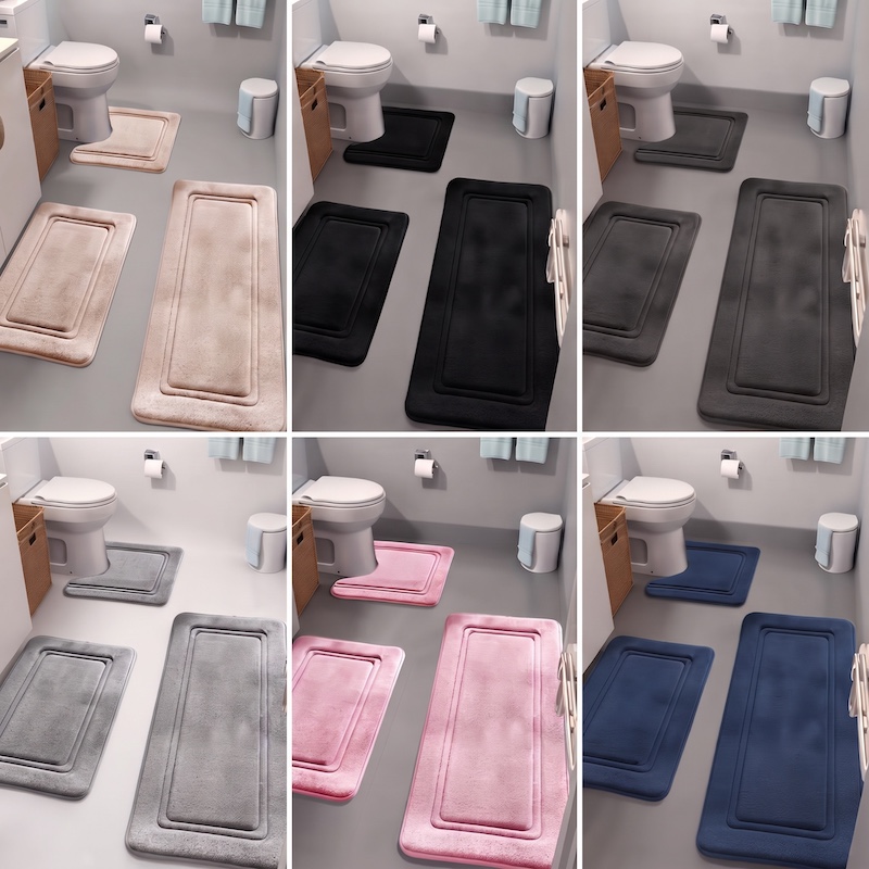 A 6-panel grid image displaying different color options for the 3-piece High Absorbency Bath Mats set inside a modern bathroom setting.