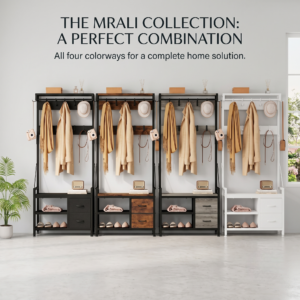 A line up showcasing four different variants of the same 6 in 1 coat rack with entry bench side by side in black, brown, gray, and white colors against a light gray wall.
