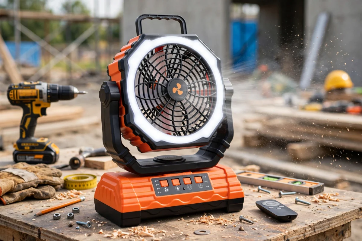 practical Cold Air Battery Powered Fan with 4LED Lantern, 20000mAh Dual Motor Camping Fan, 4-Speed Adjustable Desktop Fan with Hook, Remote Control Portable Outdoor Fan Suitable for Tents, Power Outages and Construction Sites 4 Rugged Cold Air Battery Powered Fan operating on a wooden workbench at a construction site with tools around.