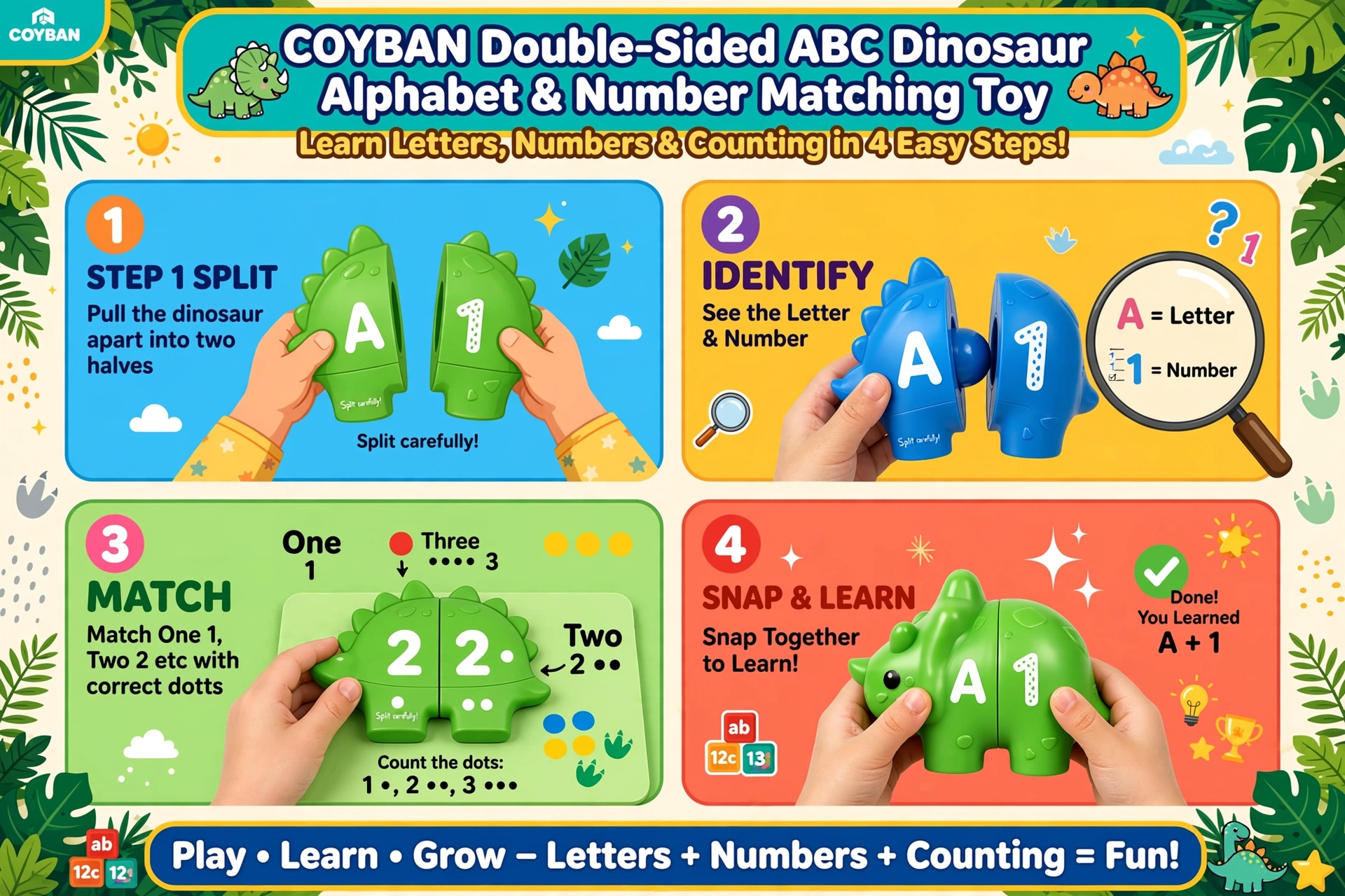 Coyban Double-Sided ABC Dinosaur Alphabet and Number Matching Toy | Educational Letter Recognition and Counting Activity, Plastic, Multicolor, Ideal for Dinosaur Themed Parties and Gifts 11 Instructional poster displaying four easy steps to play with the Dinosaur Alphabet and Number Matching Toy