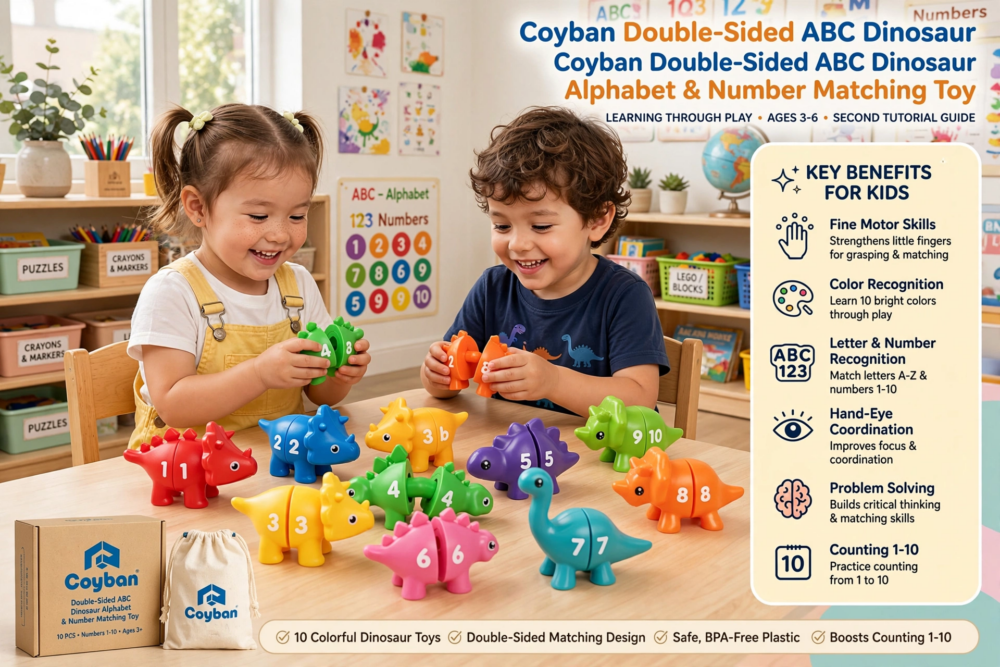 Young children smiling while playing with the Dinosaur Alphabet and Number Matching Toy on a table