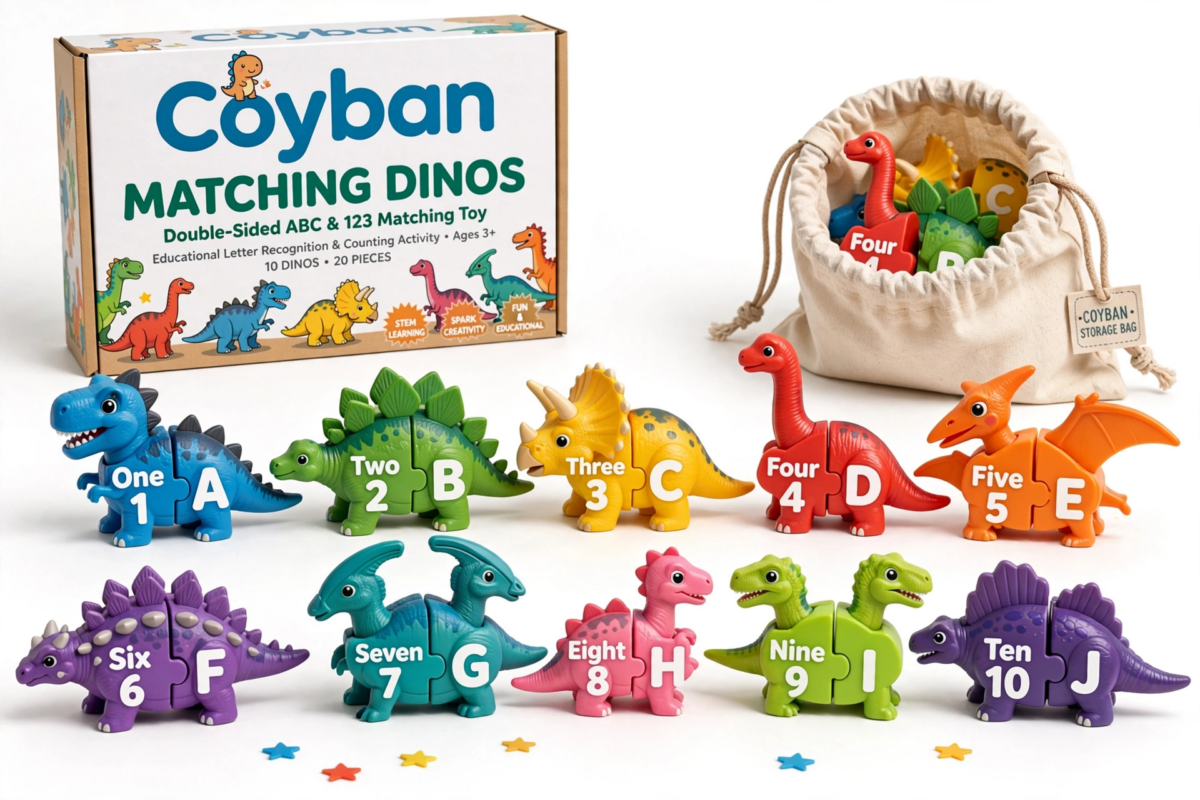 Coyban Double-Sided ABC Dinosaur Alphabet and Number Matching Toy | Educational Letter Recognition and Counting Activity, Plastic, Multicolor, Ideal for Dinosaur Themed Parties and Gifts 3 Complete set of colorful dinosaur figures and storage bag for the Dinosaur Alphabet and Number Matching Toy