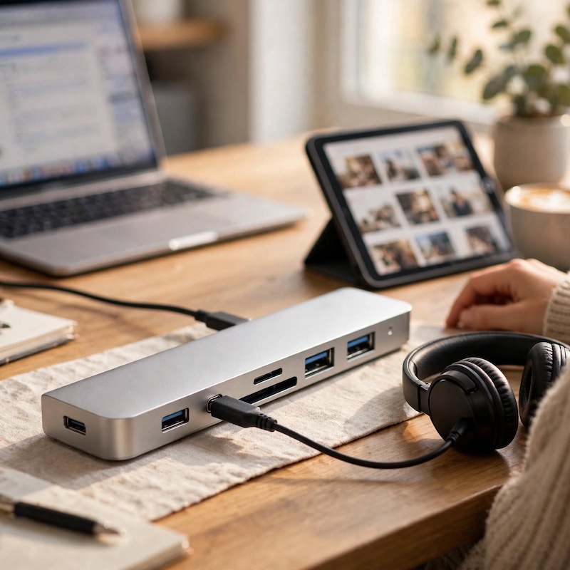 exclusive 1 8-In-1 USB C Hub with Audio Jack | Compatible with Tablets, USB Powered, 5V Operating Voltage 8 A silver 8-In-1 USB C Hub with Audio Jack connected on a wooden desk next to a laptop, tablet, and headphones.