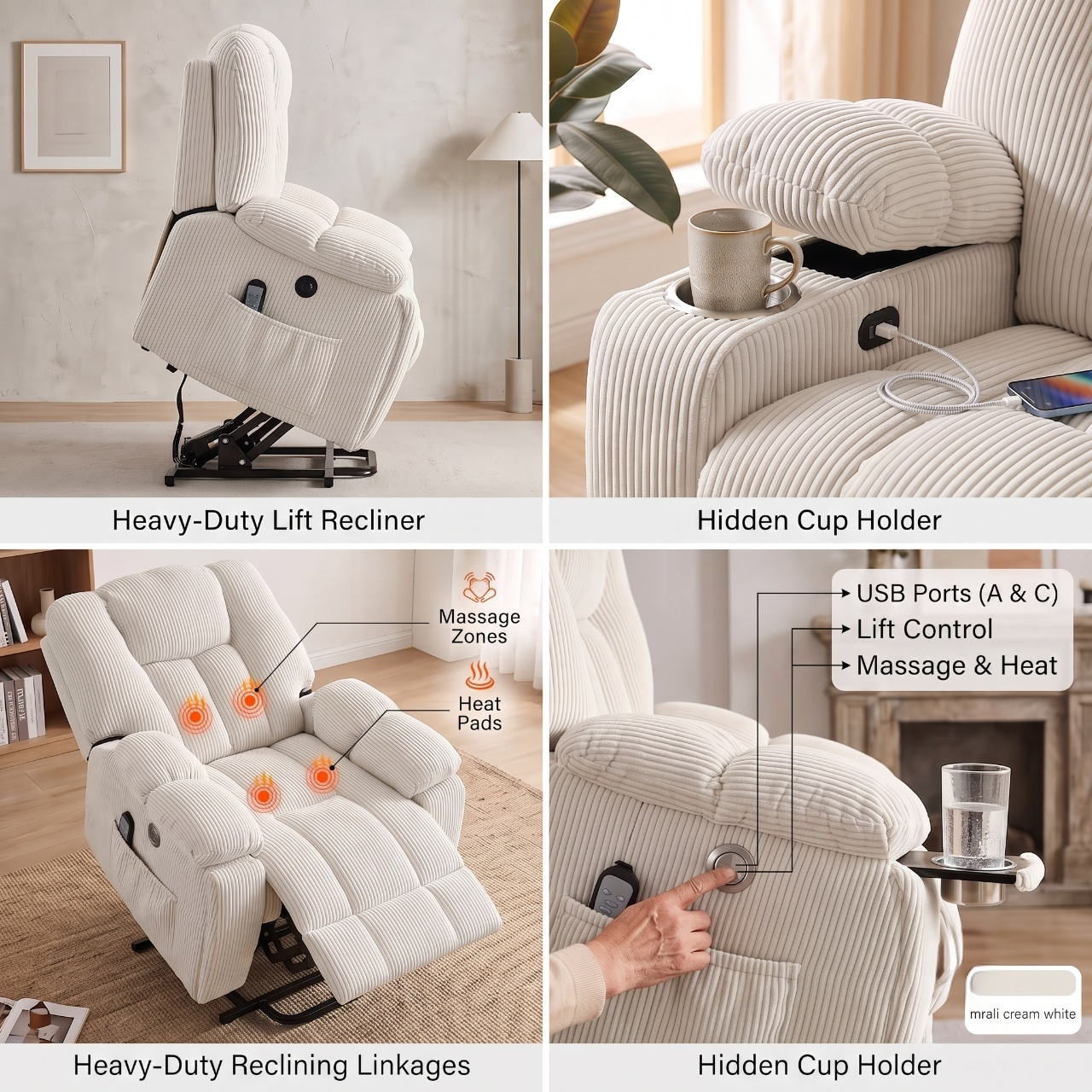 Elderly Power Lift Recliner Chair with Massage & Heat - Oversized Wide Overstuffed Seat, Heavy Duty Safety Reclining Mechanism, USB Ports & 2 Hidden Cup Holders 19 An e commerce product presentation shot displaying the creamy white color Power Lift Recliner Chair with Massage isolated against a solid white background. The clean look highlights the rich texture of the overstuffed ribbed corduroy cushioning, the embedded button control interface on the outer arm profile, and the sturdy black metal tracking base underneath.