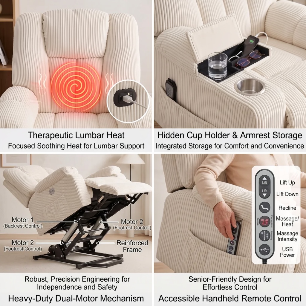 Elderly Power Lift Recliner Chair with Massage & Heat - Oversized Wide Overstuffed Seat, Heavy Duty Safety Reclining Mechanism, USB Ports & 2 Hidden Cup Holders 20 A lifestyle infographic layout featuring four blocks focused on material quality and safety cycles for the creamy white color Power Lift Recliner Chair with Massage. The panels feature embedded motor illustrations on the back cushion, a senior woman safely descending during a ninety degree lift cycle, close up windows detailing soil resistant fabric beads shedding water, and an organizing pocket packed with remotes and eyeglasses.