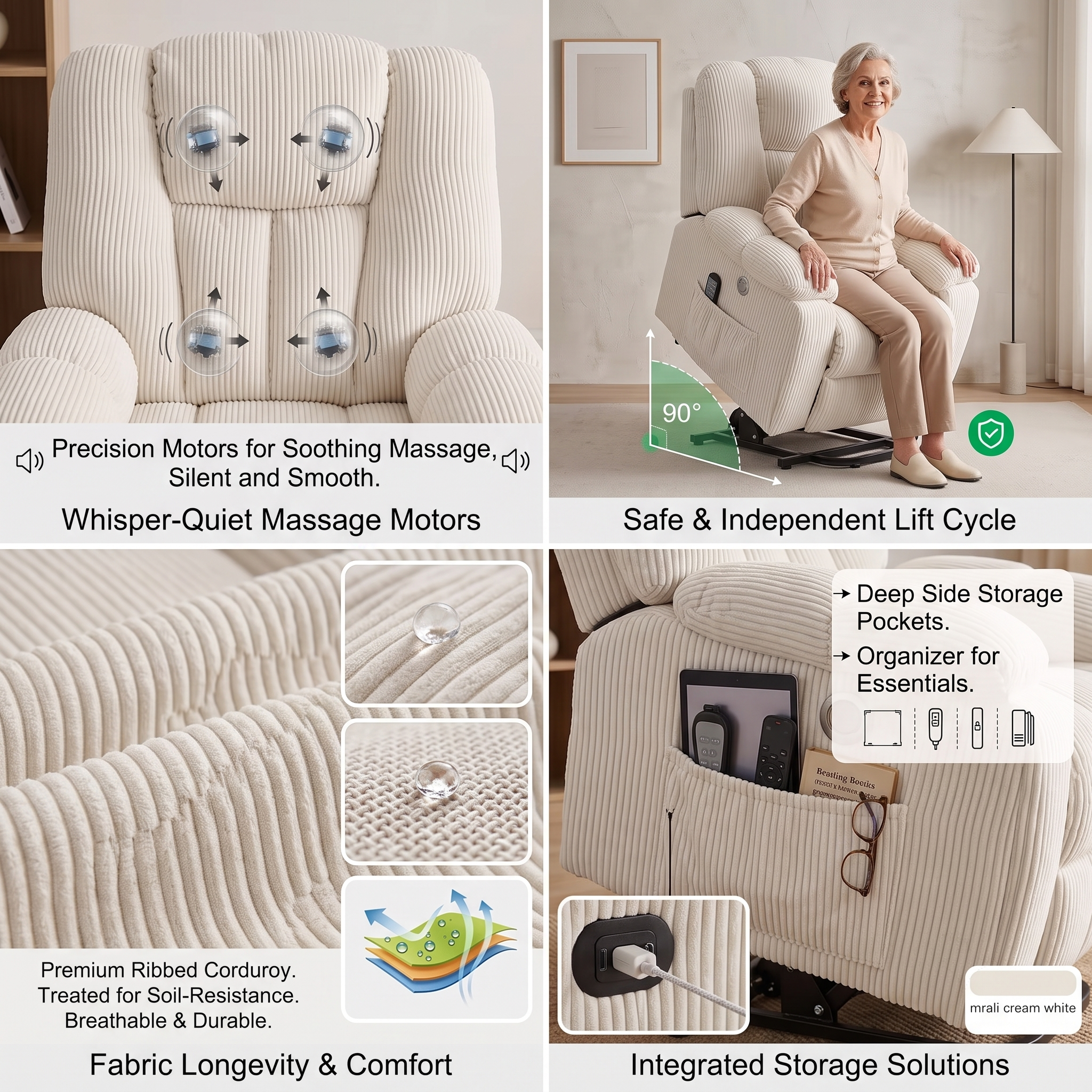 Elderly Power Lift Recliner Chair with Massage & Heat - Oversized Wide Overstuffed Seat, Heavy Duty Safety Reclining Mechanism, USB Ports & 2 Hidden Cup Holders 7 A technical four pane diagram detailing the interior construction and interface options of the creamy white color Power Lift Recliner Chair with Massage. The top row sections show a digital spiral heat projection mapping out lumbar support next to an open armrest storage partition filled with glasses and a drink. The lower row displays an exposed underneath view of the dual motor assembly tracking system alongside a close up graphic detailing the button icons on the hand control remote.