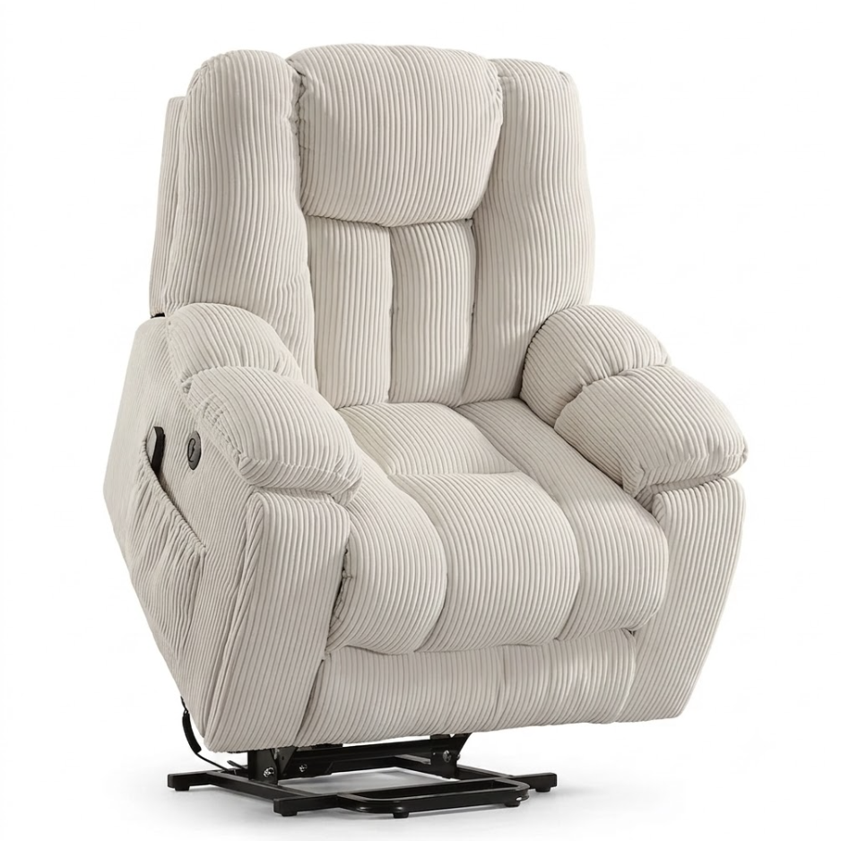 Elderly Power Lift Recliner Chair with Massage & Heat - Oversized Wide Overstuffed Seat, Heavy Duty Safety Reclining Mechanism, USB Ports & 2 Hidden Cup Holders 8 A four panel infographic showcasing the utility options of a creamy white color Power Lift Recliner Chair with Massage. The top left corner displays a side view of the mechanism extending to lift the chair up. The top right shows a close up of the padded armrest holding a coffee cup with a phone plugged into an integrated USB outlet. The bottom left diagram maps out massage zones and heat pads on the backrest, seat, and leg cushion. The bottom right frame details the metal cup holder extension swinging out next to custom button labels.