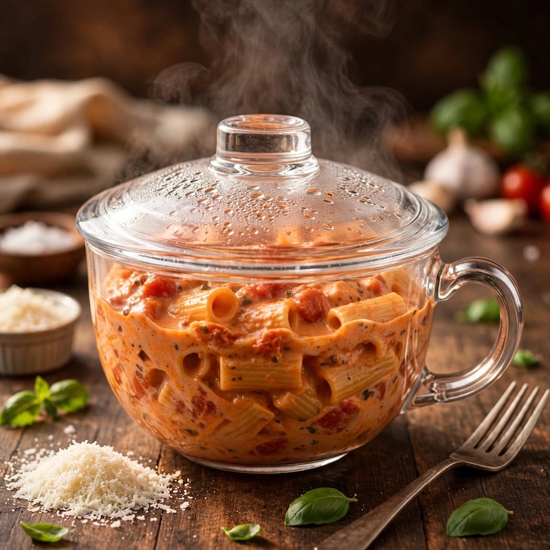 A Large-Capacity Tempered Glass Cup with a Lid And Handle, Thickened for Breakfast Oatmeal, Milk, And Suitable for Desserts, Pasta, And Rice, Microwave Safe 2 Steaming hot rigatoni pasta in creamy tomato sauce inside a Large-Capacity Tempered Glass Cup with lid.