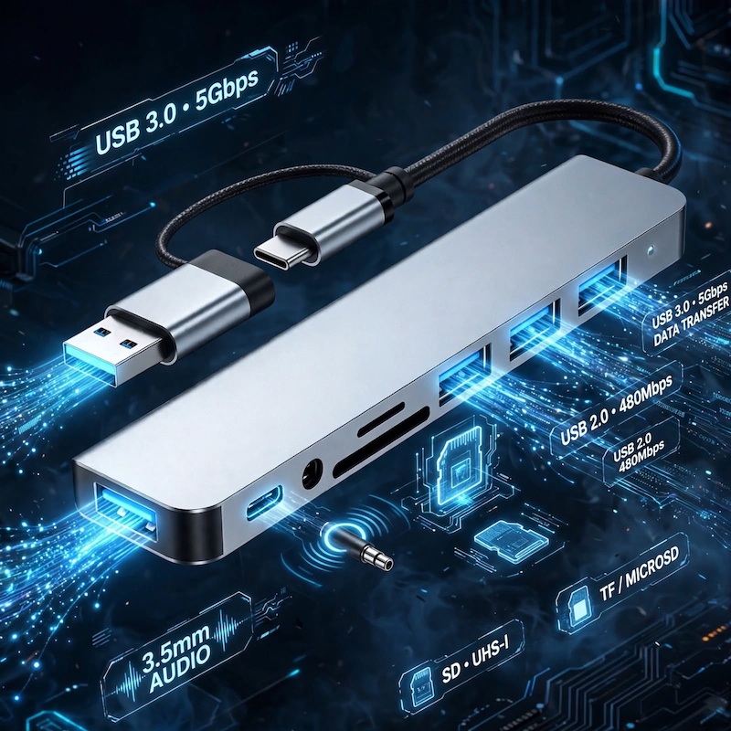 exclusive 1 8-In-1 USB C Hub with Audio Jack | Compatible with Tablets, USB Powered, 5V Operating Voltage 2 Futuristic glowing blue graphic rendering highlighting the internal chip architecture and ports of an 8-In-1 USB C Hub with Audio Jack.