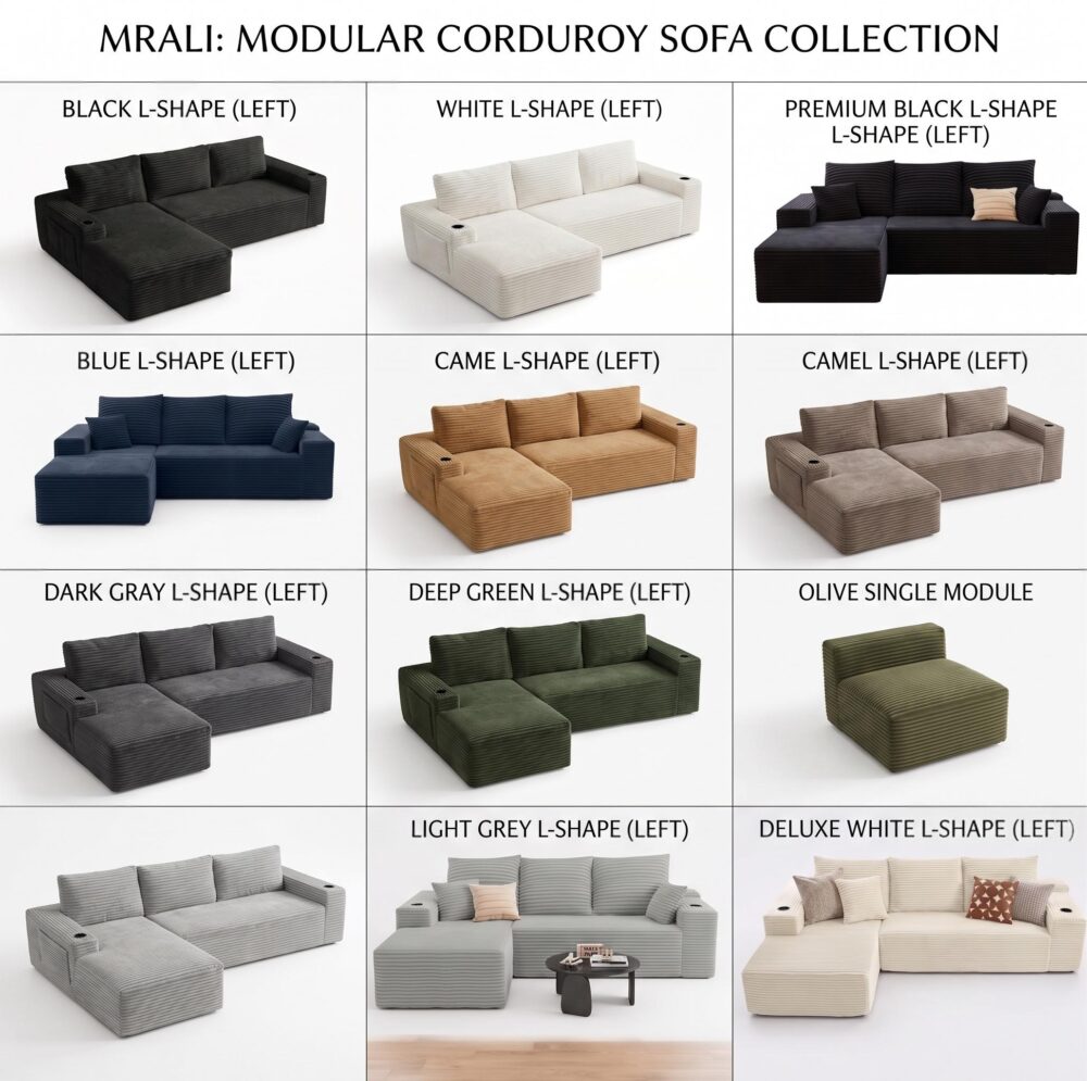 L-SHAPED CLOUD SOFA SET FOR LOUNGE A clean 12-block product catalog grid titled Mrali Modular Corduroy Sofa Collection, showcasing distinct studio images of different sectional orientations, including left-facing shapes, right-facing chaises, and standalone single modules.