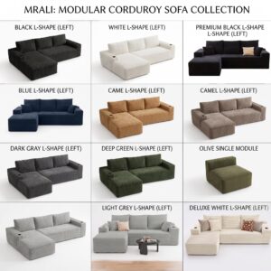L-SHAPED CLOUD SOFA SET FOR LOUNGE A clean 12-block product catalog grid titled Mrali Modular Corduroy Sofa Collection, showcasing distinct studio images of different sectional orientations, including left-facing shapes, right-facing chaises, and standalone single modules.