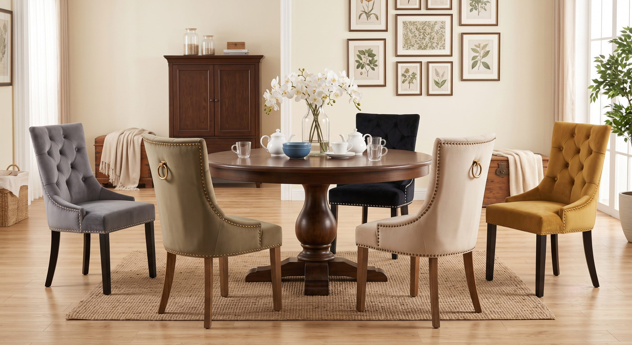 Set of 4 Upholstered Dining Chairs, Velvet Chairs with Button Tufting And Sturdy Wooden Legs, Contemporary Fabric Side Chairs for Dining Areas, Kitchens, Restaurants, And Hotels 18 A beautifully styled dining room featuring a round wooden pedestal table set with white flowers and assorted colorful tufted velvet chairs.