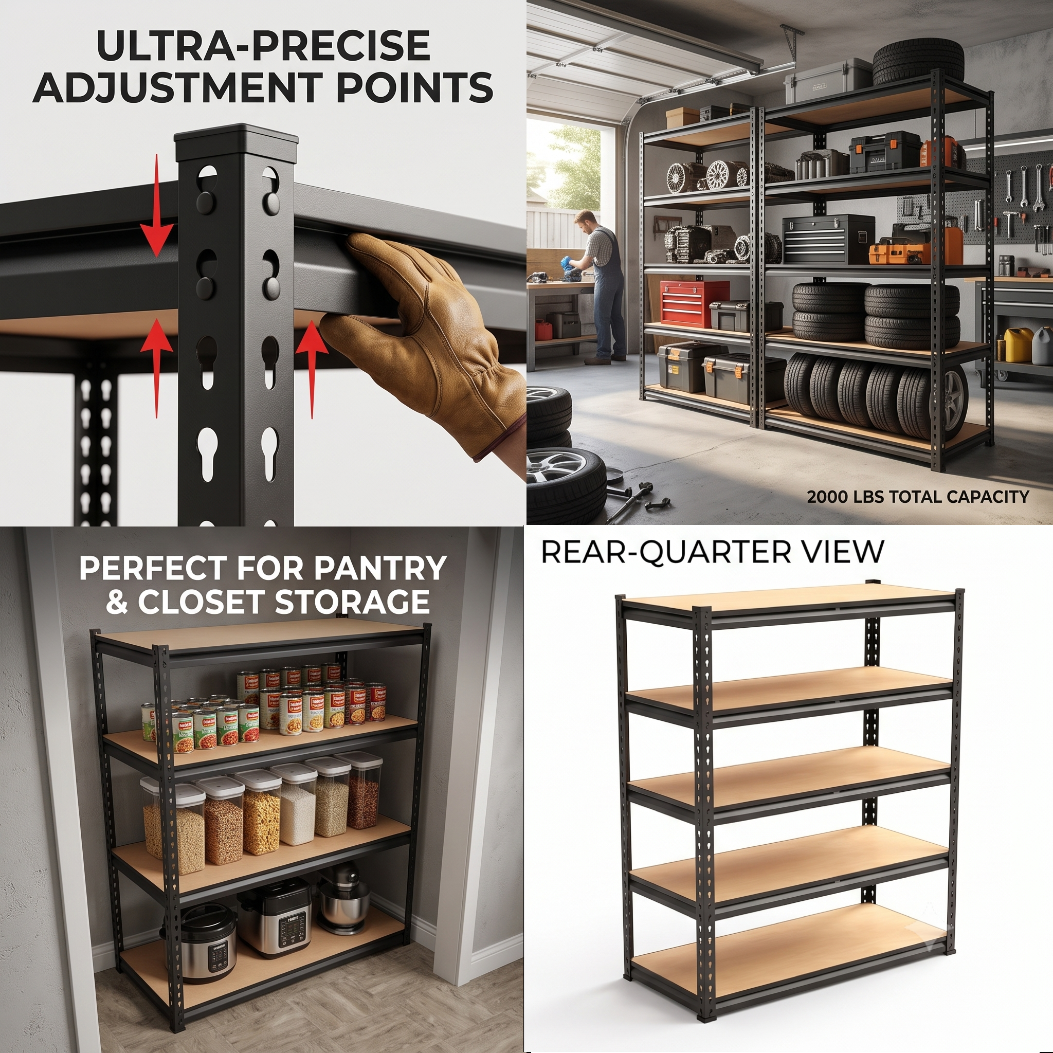 practical Heavy Duty 5 Tier 2000Lbs Metal Shelving Units | 60"H Freestanding Matte Adjustable Shelving For Garage, Basement, Pantry, Closet | Utility Storage Rack For Warehouse Items, Utility Shelves 8 A 4 way collage highlighting features of the 5 Tier 2000Lbs Metal Shelving Units, including adjustment points, garage use, pantry organization, and a rear quarter view.