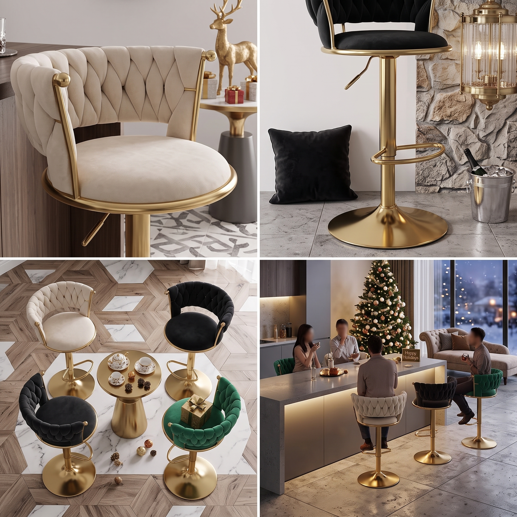 2pcs/4pcs Modern Swivel Woven Velvet Bar Stools, Stool, 360° Swivel Adjustable Height Bar Stool with Backs Golden Metal Tall Bar Stools Counter Height for Kitchen Island, for Christmas, Festival, New Year'S Gift 17 A 4-panel interior collage featuring Swivel Woven Velvet Bar Stools in chic settings, highlighting a close-up beige stool, a black stool base by a fireplace stone wall, a colorful top-down arrangement, and a family gathering by a Christmas tree.