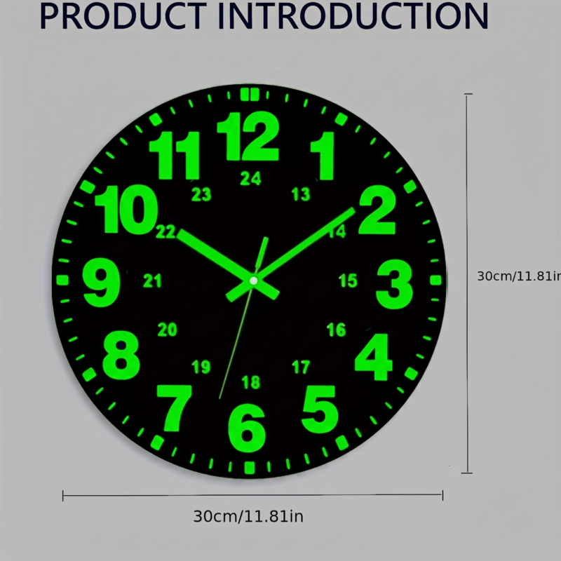 exclusive 1pcs Glow-in-the-Dark Wall Clock 1pc Vinyl Round Wall Clock, 12-Inch Silent Non-Ticking, Glow-in-the-Dark Numbers & Hands, Flat Crown, AA Battery Operated (Not Included), Ideal for Bedroom & Living Room 3 Technical drawing style product introduction image of a Glow-in-the-Dark Wall Clock indicating its 30cm or 11.81in diameter.