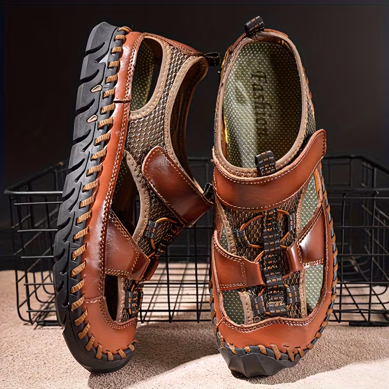 All-Terrain Casual Sports Sandals: Solid Color, Slip-Resistant Rubber Sole & Breathable Fiber Upper 16 A full pair of men's dark brown color casual sports sandals solid color, featuring closed toes, microfiber uppers, and deep-tread rubber soles, shown in a clean, professional studio setting.