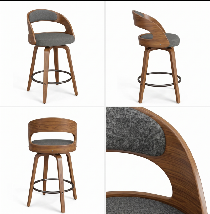 useful Swivel Bar Stools Set Of 2 Seat, Set Of 1 And 4 Seat, Adjustable Height 24.5-33.5in, Wooden Barstools PU Leather Upholstered Bar Chairs with Back & Footrest for Bar Kitchen Dining Room 11 A 4 panel presentation grid for the dark gray color bar stools set of 1 and 2 seat collection displaying a front three quarter profile a direct side angle a full back view of the walnut wood frame and a detailed macro closeup of the charcoal gray textured fabric upholstery