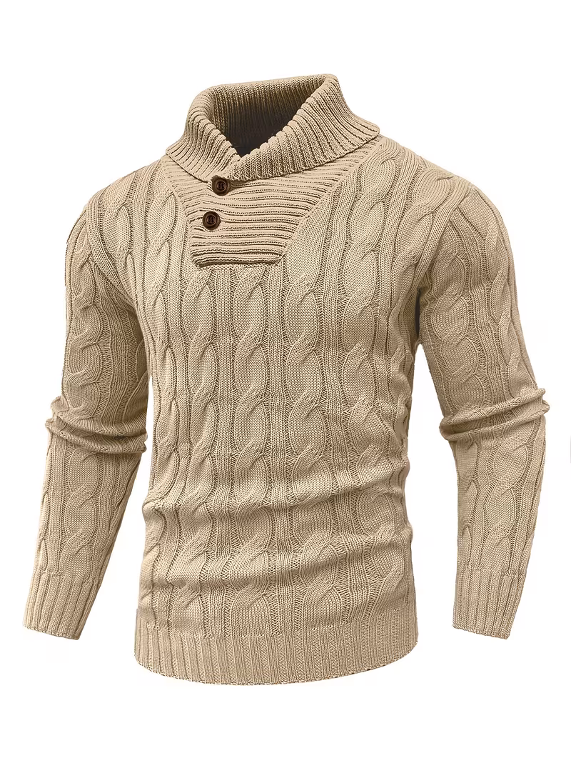 Men's Mature Business Sweater | Premium Merino-Style Lapel Knitwear | Sharp Professional Pullover for Executive Layering (Winter 2026) 12 Three-quarter front view of a dark khaki color mature business sweater on a mannequin, highlighting the intricate cable knit patterns and shawl collar.