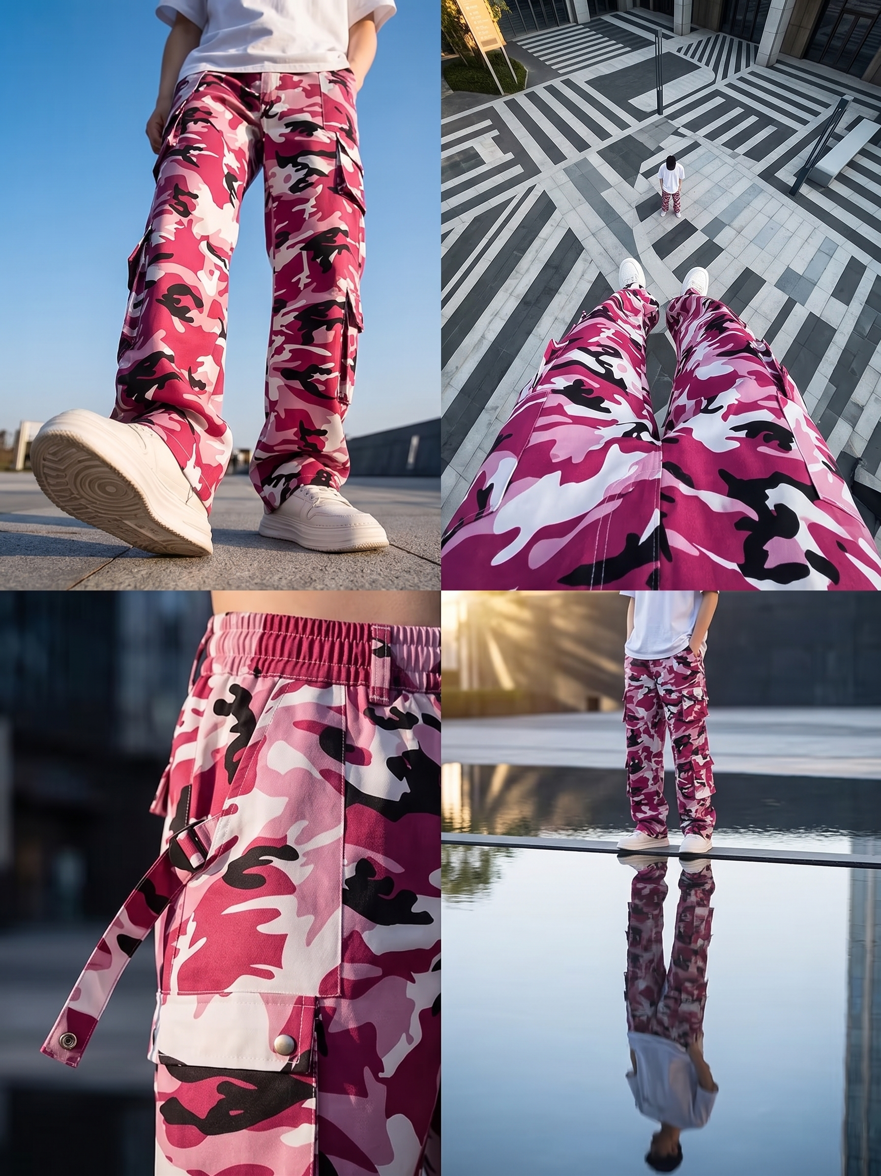 practical Men's Camouflage Print Multi-Pocket Cargo Pants, Elastic Waistband with Adjustable Legs, Fashion Wide-Leg Trousers 24 A six-image collage presentation of dark pink (fuchsia) camouflage cargo pants. The collage includes a full front view of a model wearing the pants and white sneakers, a detailed shot of the elastic waistband and white drawstring, a macro shot of the metal button and zipper fly, a close-up of a side cargo pocket, a flat-lay of the wide-leg cuffs, and a full rear view of the model showcasing the four large rear patch pockets.