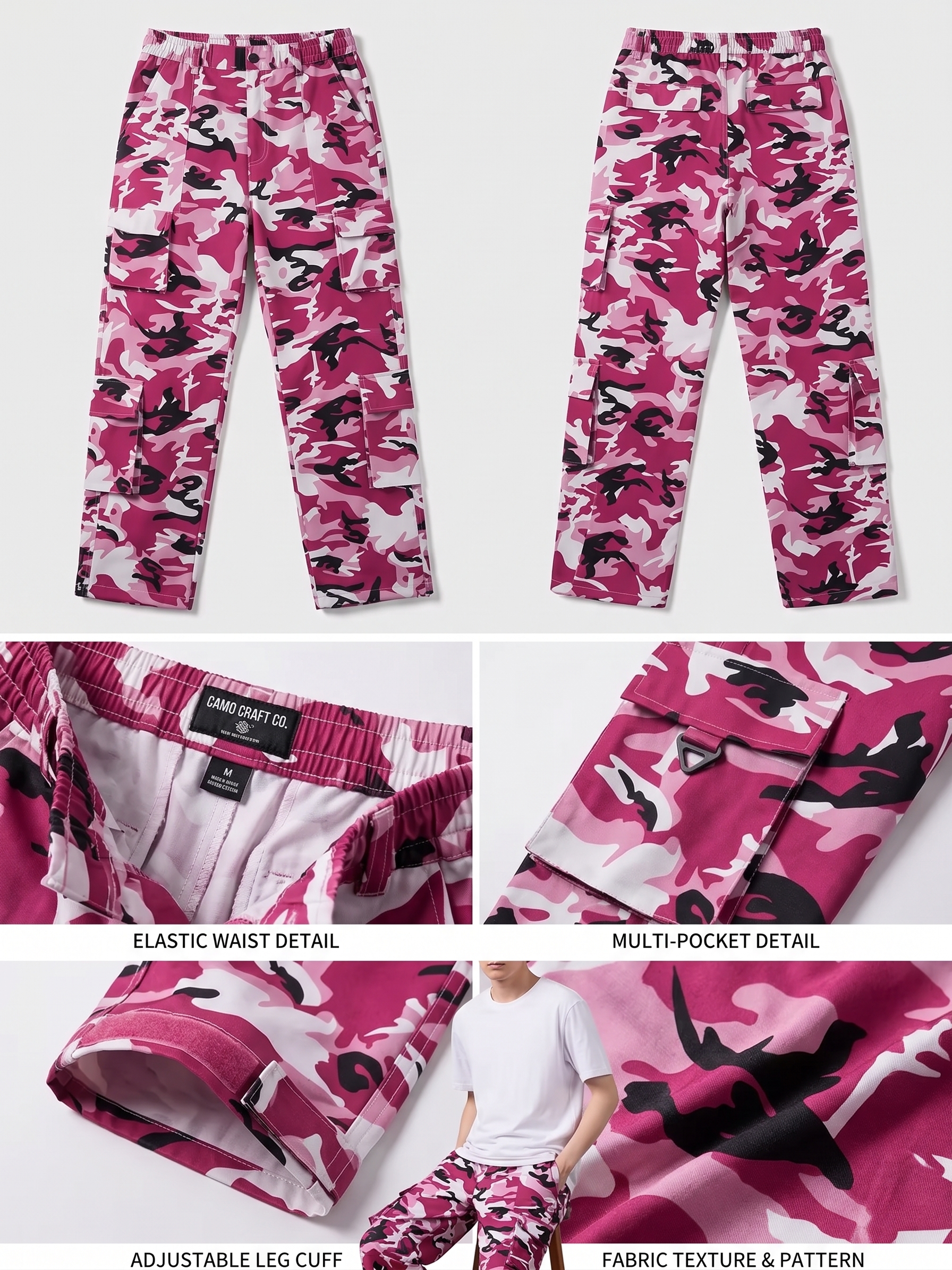 practical Men's Camouflage Print Multi-Pocket Cargo Pants, Elastic Waistband with Adjustable Legs, Fashion Wide-Leg Trousers 25 A three-quarter photograph from the right-rear, focusing on a person's lower body wearing fuchsia, white, and black camouflage wide-leg cargo pants. They are turning slightly to their left, looking down. The four large, rectangular rear patch pockets are clearly displayed on both legs. A section of a white t-shirt is visible. White sneakers are on the dark wood floor. The background is simple.