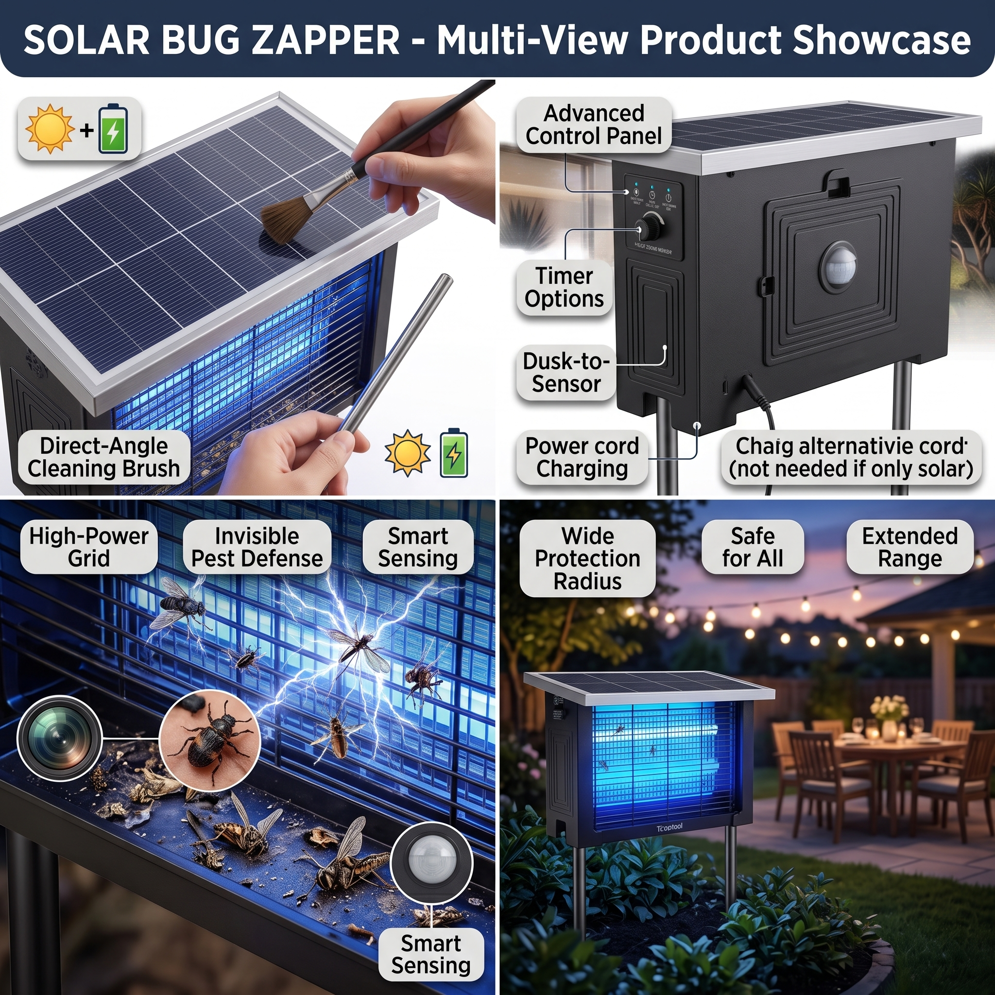 Powerful Large Solar Bug Zapper Outdoor for 2000Sq.ft, Poartable Rechargeable Mosquito Zapper with High Powered, Cordless Solar Fly Zapper for Patio Garden Backyard RV Camping Pond Pest Control 14 A 4-panel product infographic detailing the technical features of the Powerful Large Solar Bug Zapper Outdoor. Panels show a hand cleaning the solar panel with a brush, a close-up diagram of the back control panel with alternate USB-C power options, a macro view of captured insects on the high-power grid, and a wide shot of the unit operating near an outdoor patio dining area at dusk.