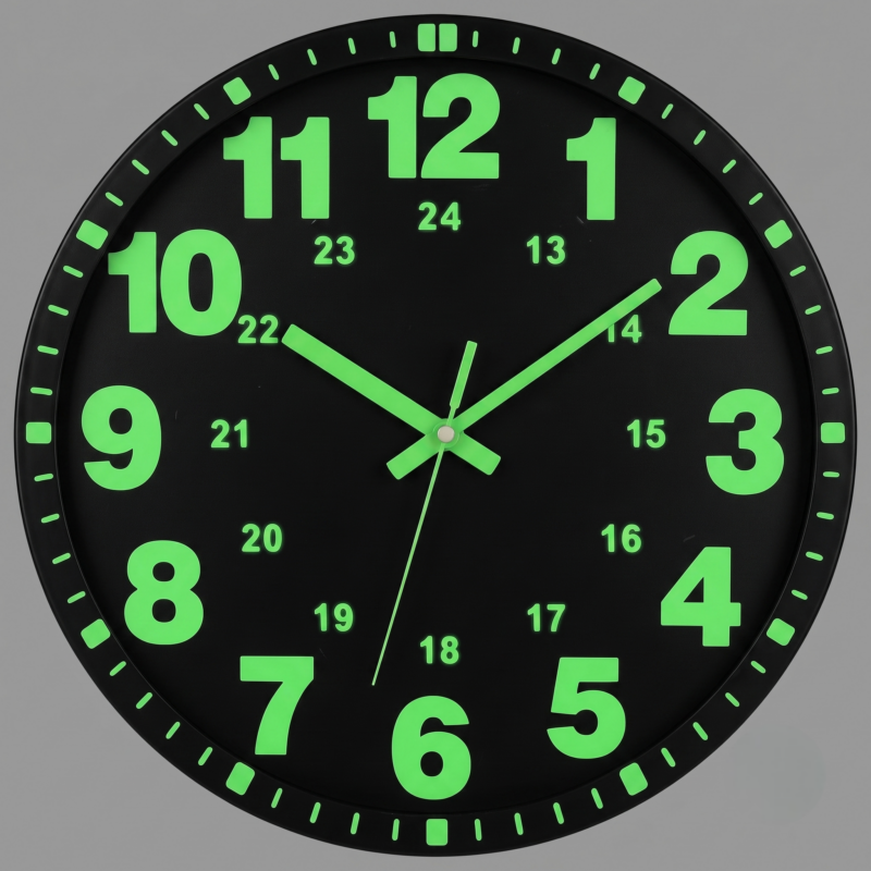 A round black Glow-in-the-Dark Wall Clock with bright green luminous numbers and hands against a solid grey background.