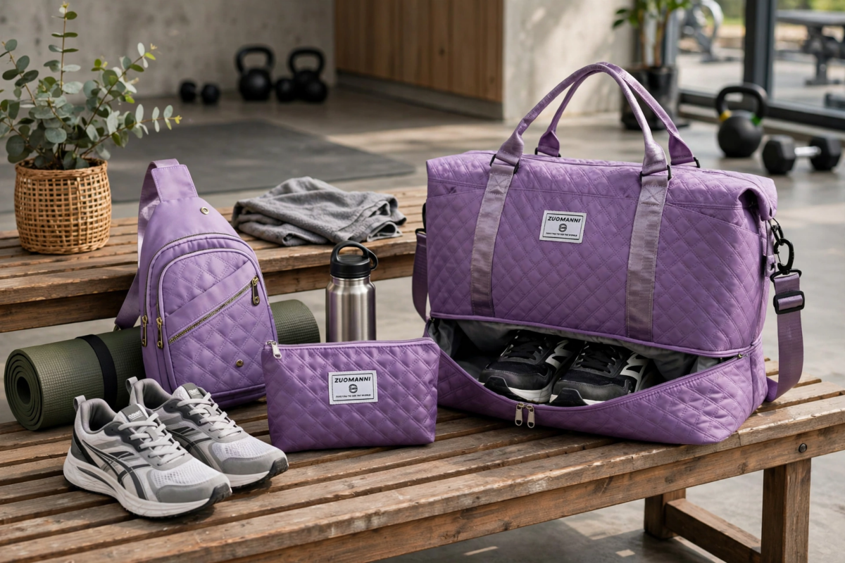 A Three-Piece Travel Set Including a Tote Bag, a Toiletry Bag, And a Shoulder Bag, Featuring a Spacious Independent Shoe Compartment, Perfect for Outdoor Fitness, Travel, Overnight Stays, And Weekend Trips 9 A deep purple color tote bag set on a wooden gym bench, showcasing an open bottom shoe compartment with sneakers, a matching sling bag, and a pouch against a fitness center background.