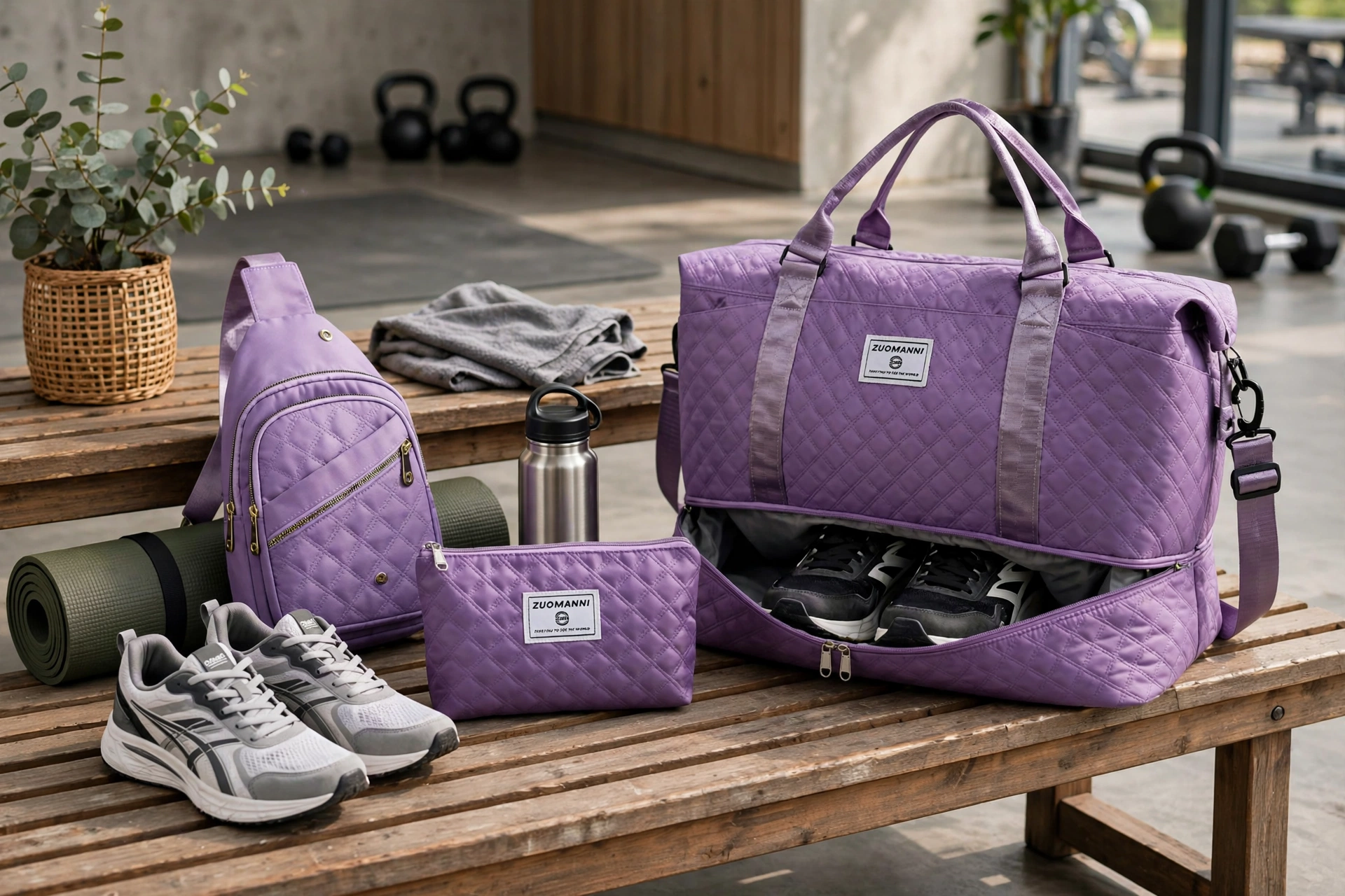 A Three-Piece Travel Set Including a Tote Bag, a Toiletry Bag, And a Shoulder Bag, Featuring a Spacious Independent Shoe Compartment, Perfect for Outdoor Fitness, Travel, Overnight Stays, And Weekend Trips 22 A deep purple color tote bag set on a wooden gym bench, showcasing an open bottom shoe compartment with sneakers, a matching sling bag, and a pouch against a fitness center background.