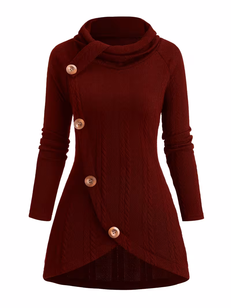 useful Sophisticated Decorative Buttoned Long Sleeve Top | Modern High Neck Knit for Business Casual 8 Front View: A deep red long sleeve top featuring an asymmetrical front crossover, four large wood-textured decorative buttons, and a cozy high cowl neckline.