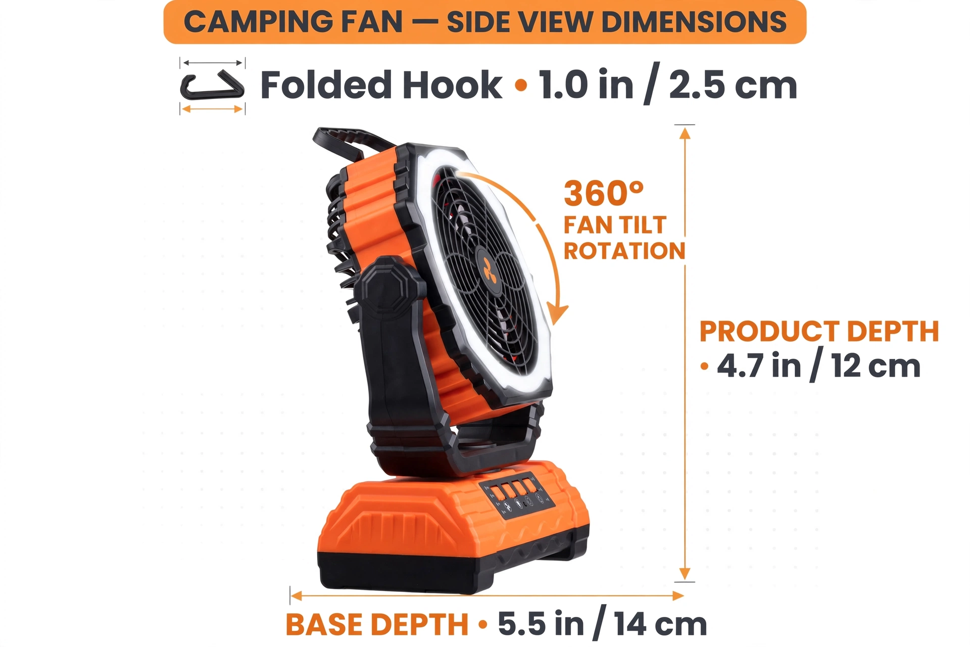 practical Cold Air Battery Powered Fan with 4LED Lantern, 20000mAh Dual Motor Camping Fan, 4-Speed Adjustable Desktop Fan with Hook, Remote Control Portable Outdoor Fan Suitable for Tents, Power Outages and Construction Sites 10 Side view technical diagram of the Cold Air Battery Powered Fan illustrating depth, folded hook size, and 360 degree tilt rotation.
