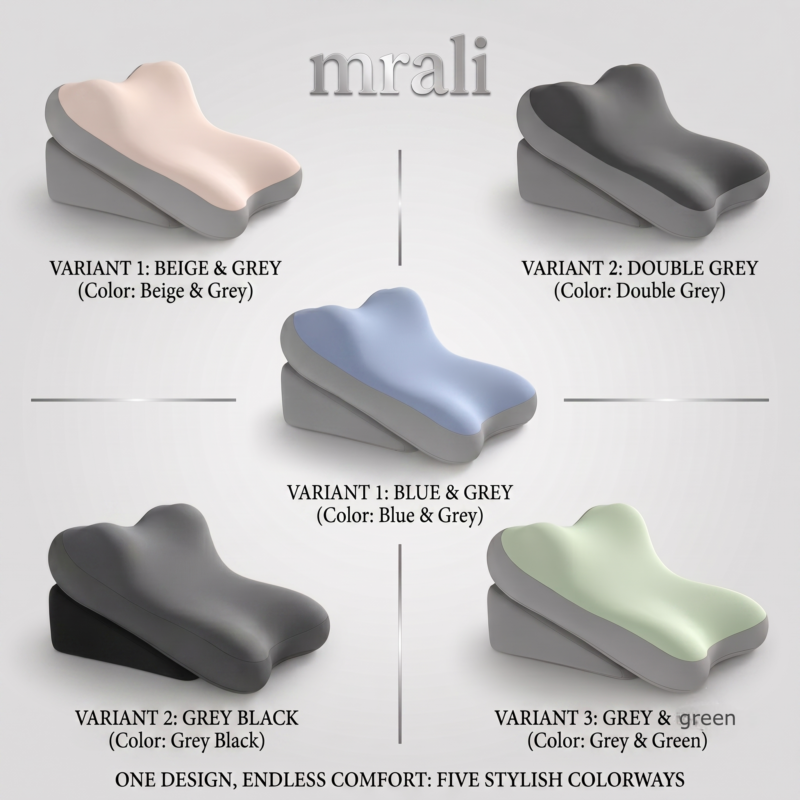 A professional product showcase of the mrali modular cervical and bed wedge pillow system, presenting five distinct textured color variations arranged symmetrically around a central metallic brand logo with descriptive labels.