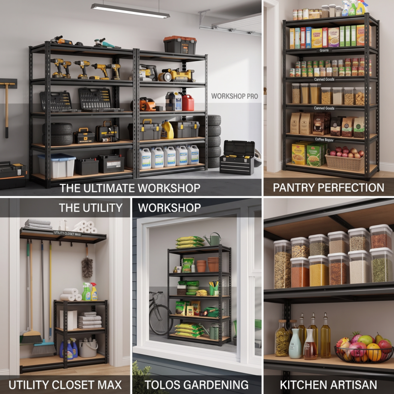 practical Heavy Duty 5 Tier 2000Lbs Metal Shelving Units | 60"H Freestanding Matte Adjustable Shelving For Garage, Basement, Pantry, Closet | Utility Storage Rack For Warehouse Items, Utility Shelves 2 A multi scene collage illustrating the 5 Tier 2000Lbs Metal Shelving Units used as a workshop pro rack, pantry perfection, utility closet max, gardening station, and kitchen artisan display.