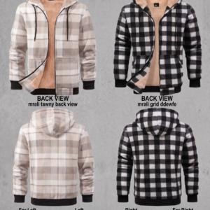 Product showcase of a jacket for men heavyweight fleece hoodies in two styles—Style 1 Grid Plaid in black and white, and Style 2 Tawny Plaid in beige and tan. Features front, back, and close-up fabric views with thick sherpa lining.