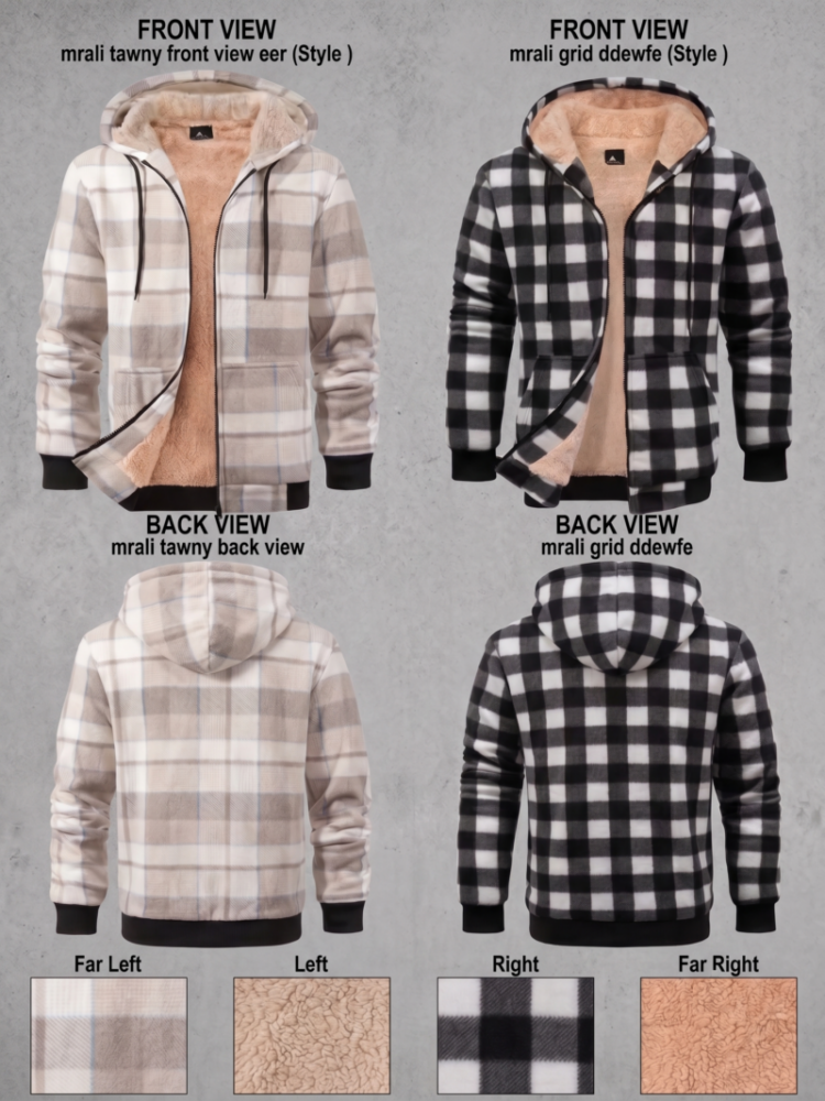 Product showcase of a jacket for men heavyweight fleece hoodies in two styles—Style 1 Grid Plaid in black and white, and Style 2 Tawny Plaid in beige and tan. Features front, back, and close-up fabric views with thick sherpa lining.