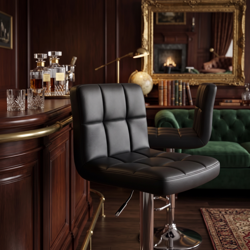 Set Of 2/4 Bar Stools Luxurious PU Leather, Swivel & Adjustable, Armless Kitchen Counter Stools with Thickened Cushion & Back Support, Hydraulic Island Barstools, Black 7 Close-up profile of black color 4 bar stools luxurious PU leather positioned beside a polished dark wood home bar counter with crystal tumblers.