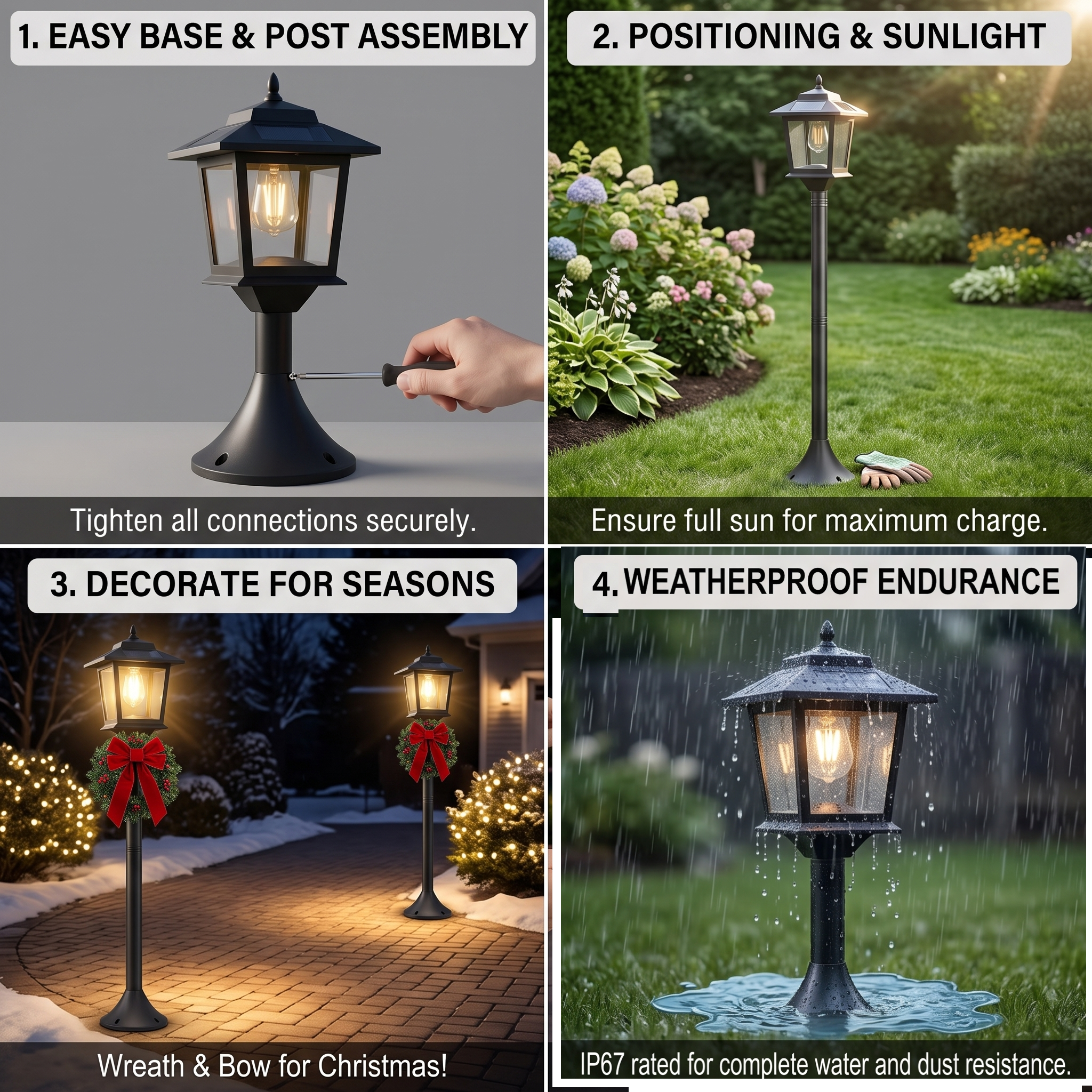 2 Pack 63in Solar Lamp Post Lights, Outdoor Post Lights, Christmas Decorations, Pole Lights Outdoor, Decorative Lamp for Garden, Patio, Lawn, Pathway, Driveway, Front/Back Door, Warm White, Replaceable Bulb, 1800LM 2 2 Pack 63in Solar Lamp Post Lights, Outdoor Post Lights, Christmas Decorations, Pole Lights Outdoor, Decorative Lamp for Garden, Patio, Lawn, Pathway, Driveway, Front/Back Door, Warm White, Replaceable Bulb, 1800LM - Image 2